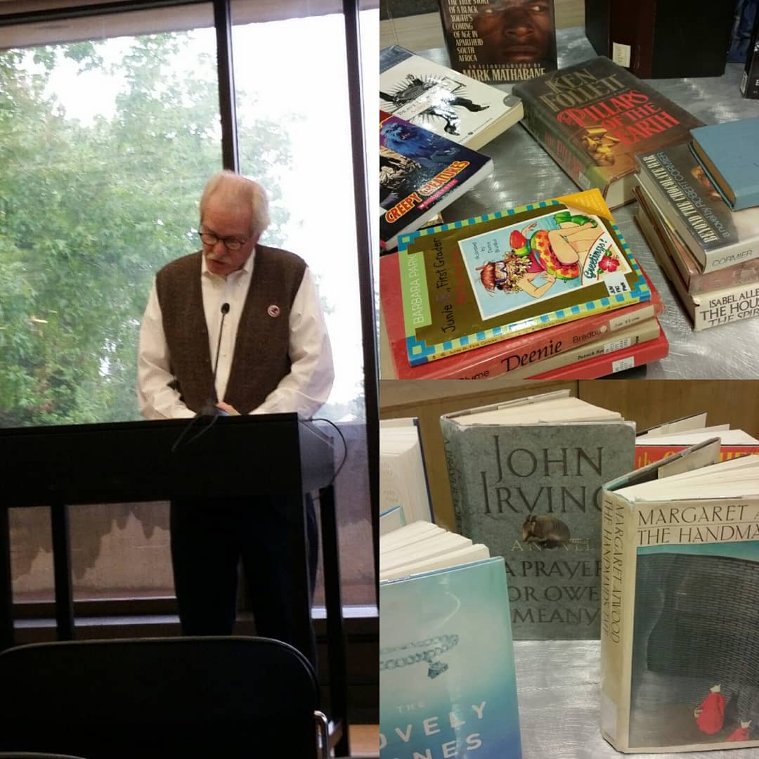 Books on display from the banned books reading and one of the speakers at the event