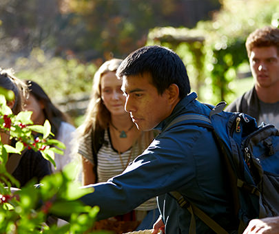 A botany class studies plants in the arboretum. 