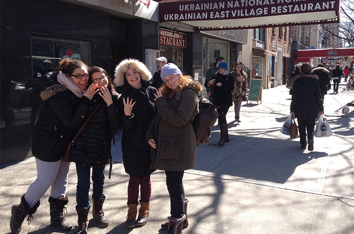 Four Slavic Studies students visit a Ukrainian restaurant in New York. 