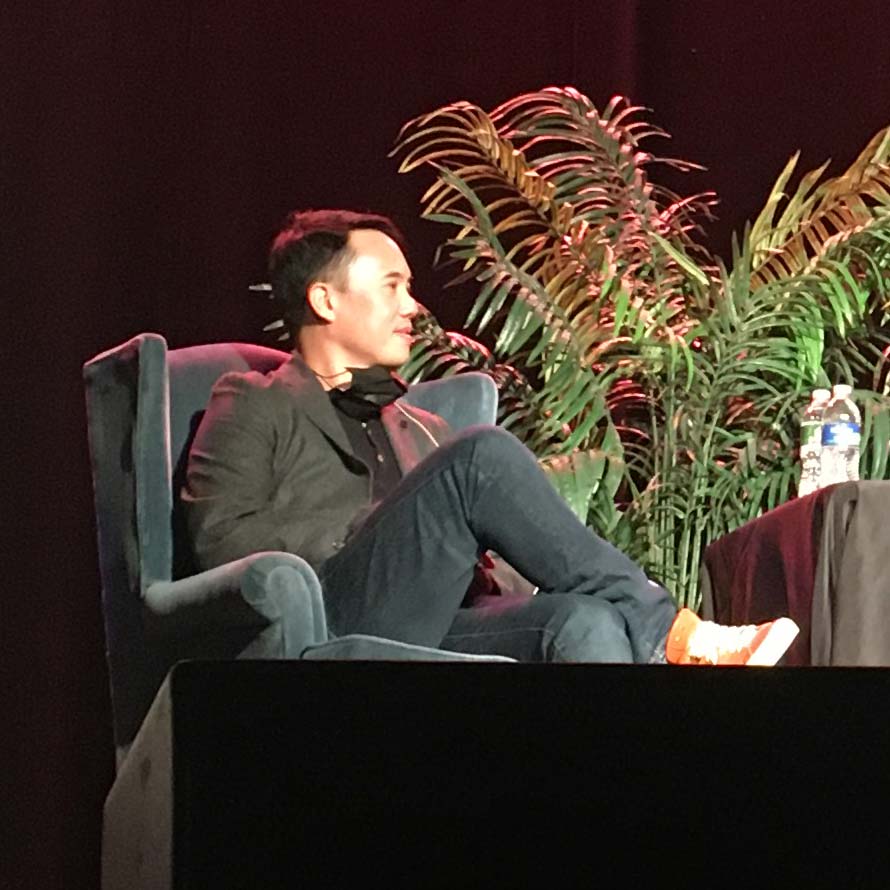 Author Charles Yu being interviewed by Ayako Takamori, assistant professor of East Asian Languages and Cultures at Conn. 