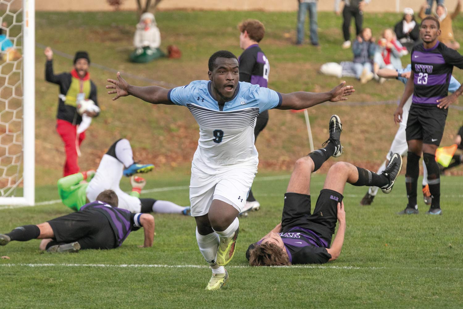 enior MT Tshuma celebrating having scored the winning goal in a second round match of the NCAA Tournament vs. NYU. 