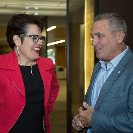 President Katherine Bergeron talks with New London Mayor Michael Passero ’79 at the 