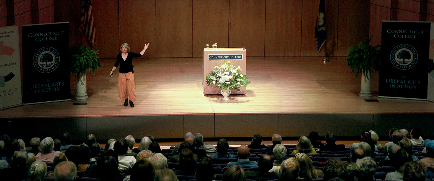 Jill Lepore speaks to a packed audience at Connecticut College