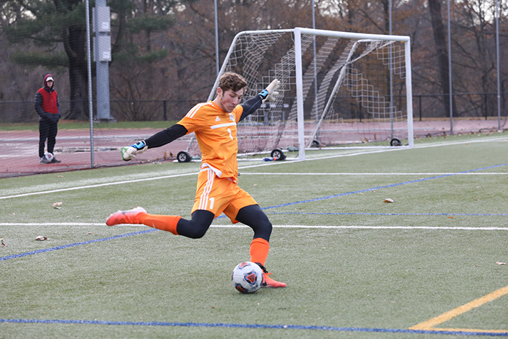 Goalie AJ Marcucci '21 boots the ball after making a save. 