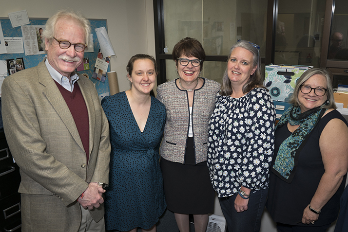 Posing from left to right: Vice President for Information Services and College Librarian Lee Hisle, Chair of the Presidential Staff Recognition Awards Selection Committee Margaret Bounds, President Katherine Bergeron, Director of Computer Support Services Heather Romanski, and Associate Vice President for Enterprise and Technical Systems Jean Kilbride