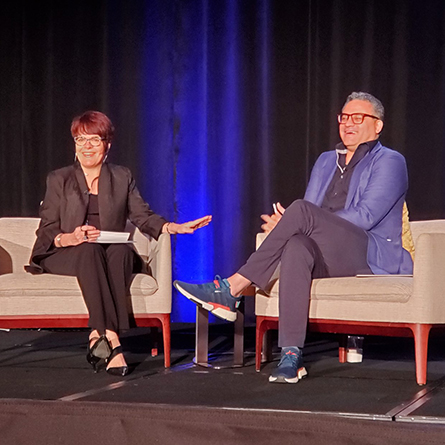 President Katherine Bergeron and Jonathan McBride ’92 discuss 