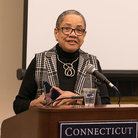 Poet Kate Rushin speaks at an event at Conn in December. During the remote PAUSE event, she recited an excerpt from her poem, 