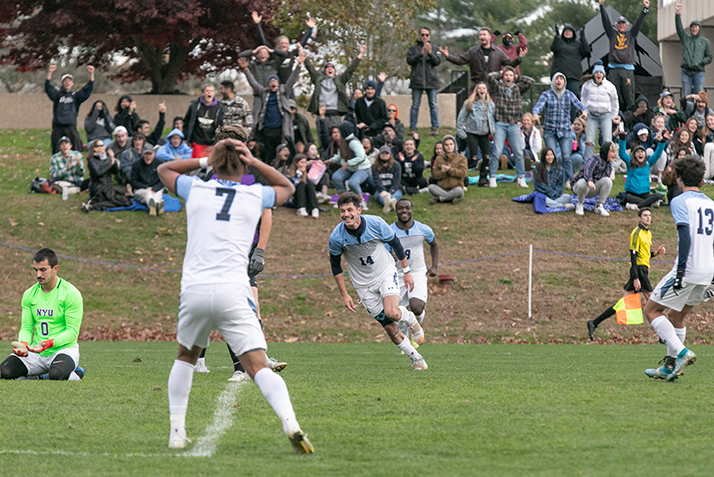 Players celebrate on the field. 