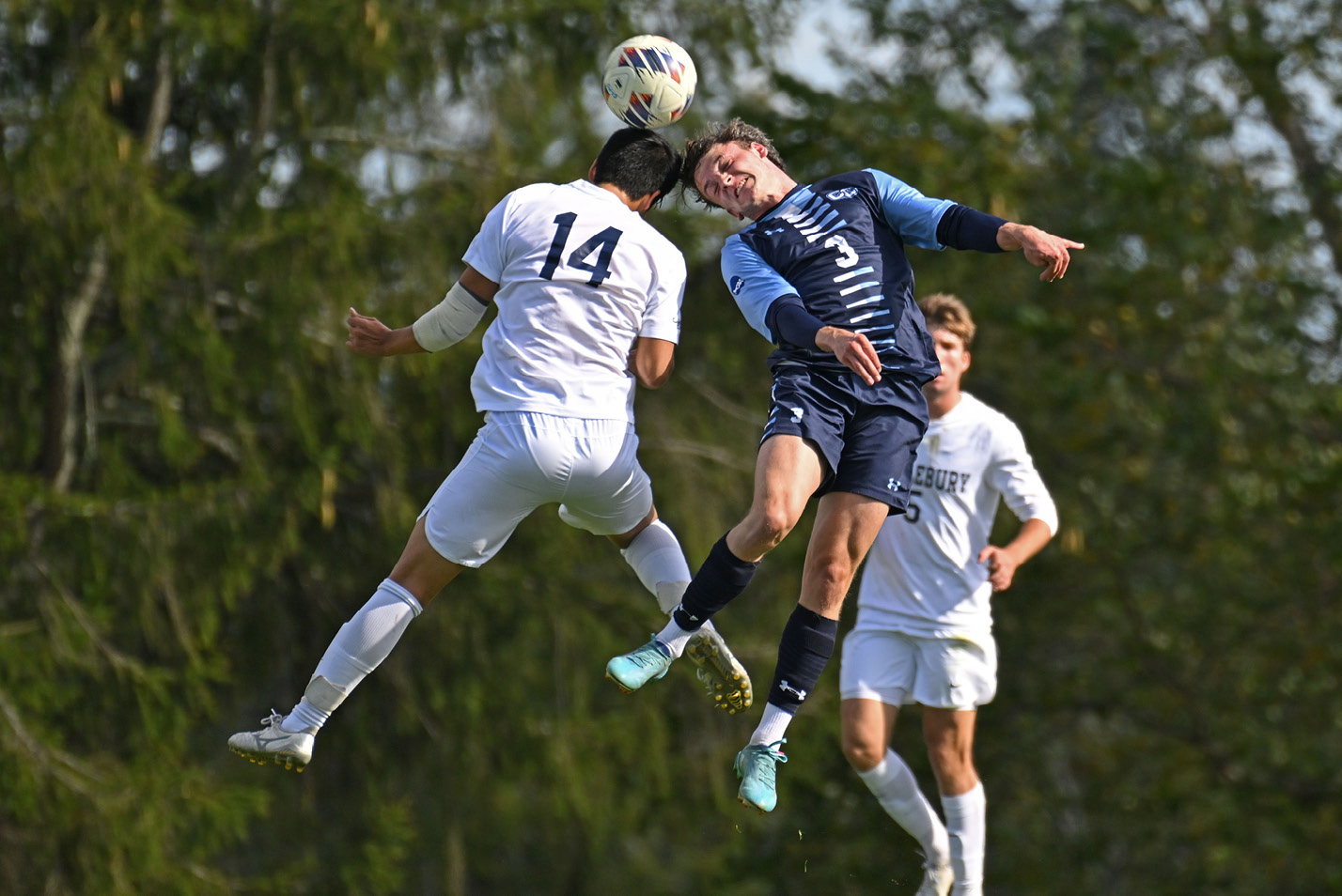 Connecticut College men’s soccer defender Sam Boehm (3) '24 v. Middlebury Sunday, October 15, 2023 on Freeman Field.