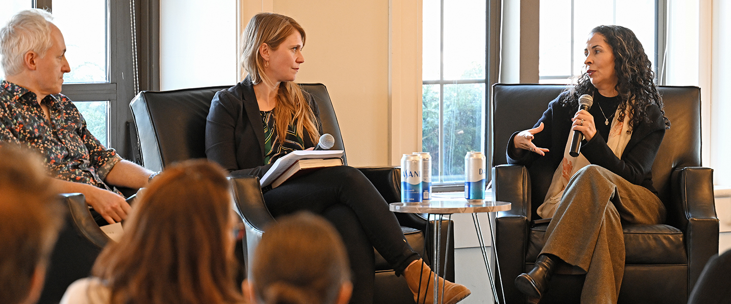 Author Laila Lalami, right, in coversation with Professors Jeff Strabone, left, and Marie Ostby, center.