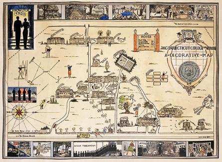 Hand drawn and colored map of Connecticut College, created in 1934. The map features illustrations of campus scenes and traditions around the border.